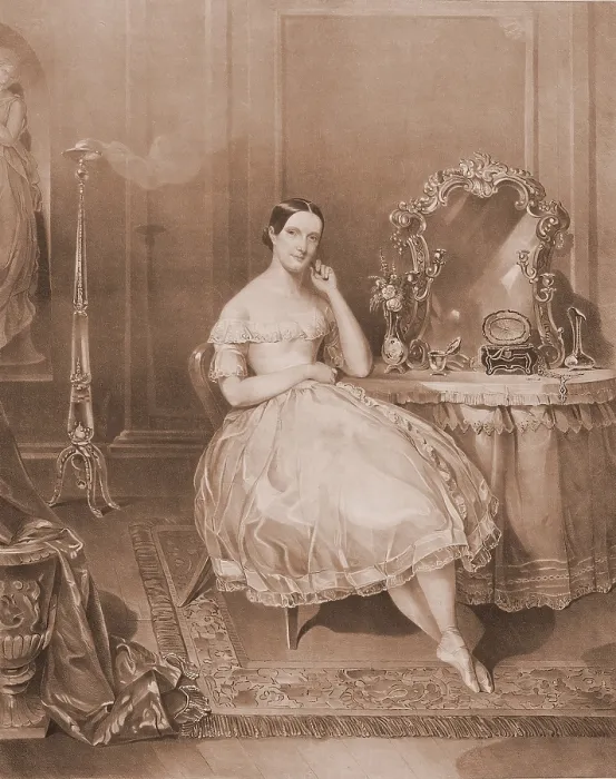 Framed Print : Fanny Elssler (1810-1884). Austrian ballerina, toured America from 1840-43. She is in her ballet costume, seated at a dressing table. 1841 Framed Print : Fanny Elssler (1810-1884). Austrian ballerina, toured America from 1840-43. She is in her ballet costume, seated at a dressing table. 1841