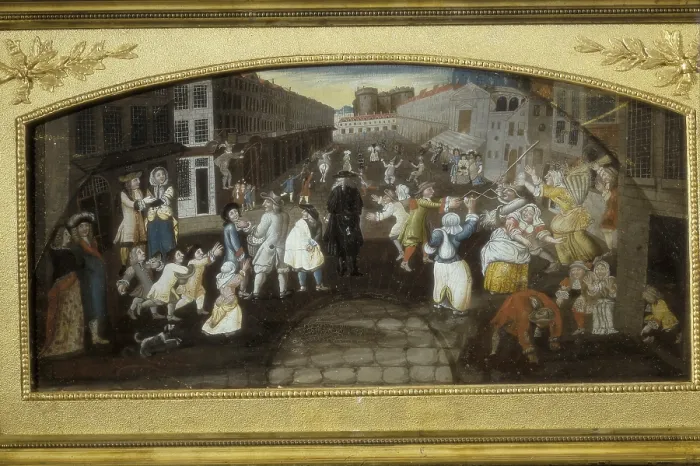 Framed Print : The farces of Faubourg Saint Antoine street (18th c.). In the background, the Prison of the Bastille. Painting. FRANCE. Paris. Muse Carnavalet (Carnavalet Museum)
