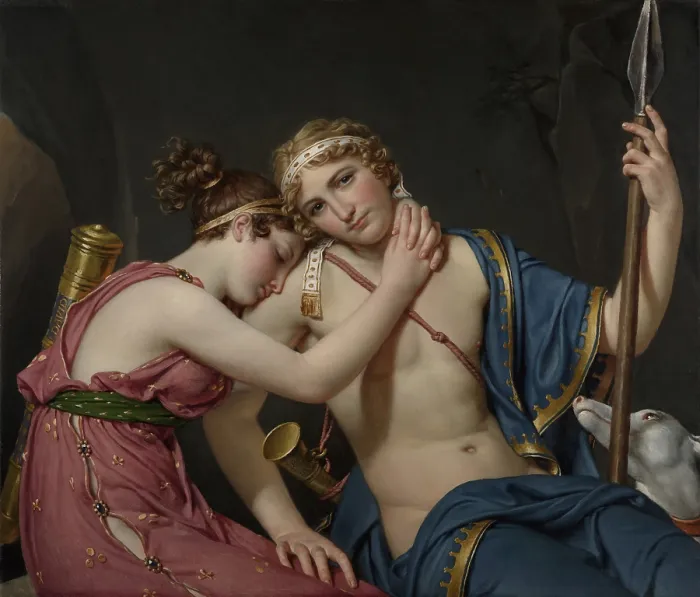 Framed Print : Farewell of Telemachus and Eucharis, by Jacques-Louis David, 1818, French painting, oil on canvas. Telemachus (right) was the son of Odysseus Framed Print : Farewell of Telemachus and Eucharis, by Jacques-Louis David, 1818, French painting, oil on canvas. Telemachus (right) was the son of Odysseus