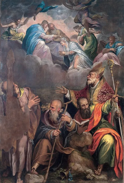 Framed Print : Farinati Paolo, Coronation of the Virgin and Sts Anthony the Abbot, Peter, Paul and Benedict, 16th Century, oil on canvas, Italy, Lombardy, Venegono Inferiore, Parish Church
