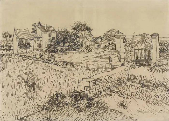 Framed Print : Farm in Provence, by Vincent van Gogh, c. 1888, Dutch drawing, pencil, pen and ink on paper. Drawn with van Gogh's distinctive rhythmic marks (BSLOC_2016_2_301) Framed Print : Farm in Provence, by Vincent van Gogh, c. 1888, Dutch drawing, pencil, pen and ink on paper. Drawn with van Gogh's distinctive rhythmic marks (BSLOC_2016_2_301)
