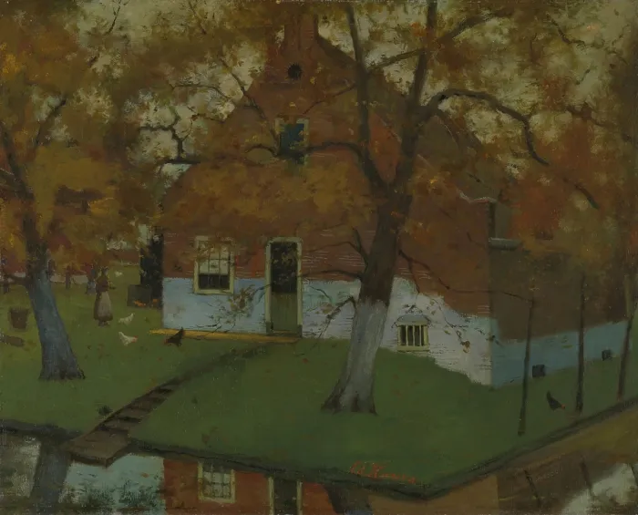 Framed Print : Farm in the Province of North Holland, c. 1890-99, Post-impressionist painting, by Eduard Karsen. The Dutch farmhouse is bordered on two sides by water filled ditches