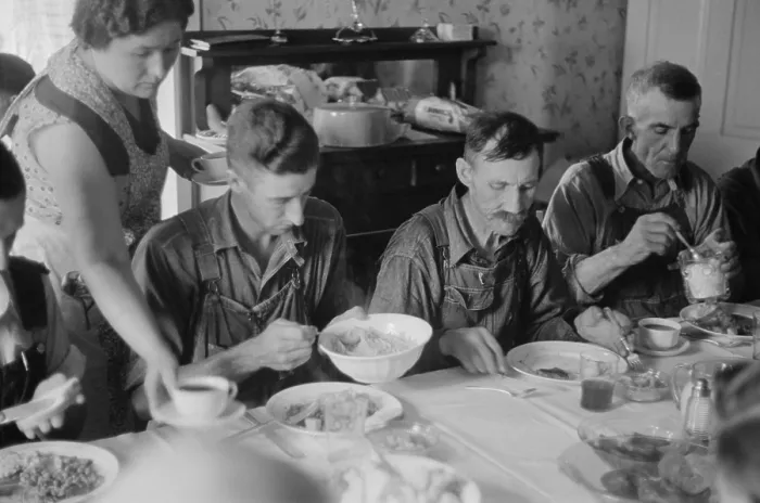 Framed Print : Farm workers dinner during wheat harvest time, central Ohio, Aug, 1938. The meal includes white bread, pureed vegetables, and fruit. (BSLOC_2013_8_80) Framed Print : Farm workers dinner during wheat harvest time, central Ohio, Aug, 1938. The meal includes white bread, pureed vegetables, and fruit. (BSLOC_2013_8_80)