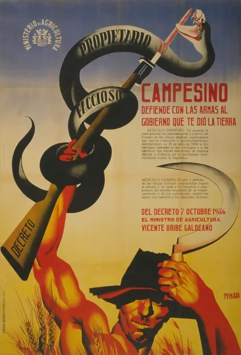 Framed Print : FARMER, DEFEND WITH ARMS THE GOVERNMENT THAT GAVE YOU LAND. Spanish Civil War poster presenting Republican, anti-Franco propaganda Framed Print : FARMER, DEFEND WITH ARMS THE GOVERNMENT THAT GAVE YOU LAND. Spanish Civil War poster presenting Republican, anti-Franco propaganda