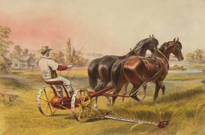 Framed Print : A farmer drives a horse-powered mowing machine, ca. 1870. The mower replaced the hand cutting of hay and grain with the ancient scythe (BSLOC_2019_8_203)