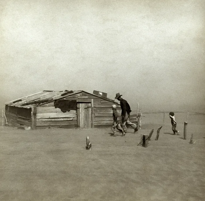 Framed Print : Farmer and sons walking in the face of a dust storm. Cimarron County, Oklahoma. April 1936. Arthur Rothstein, photographer