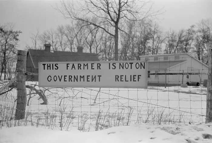 Framed Print : This Farmer is not on Welfare reads a sign a wire fence. Iowa or Illinois Dec. 1940