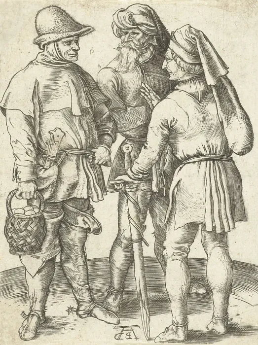 Framed Print : Three Farmers in Conversation, by Albrecht Durer, German print, engraving. 1567 copy of the Durer original by Abraham de Bruyn (BSLOC_2016_2_119) Framed Print : Three Farmers in Conversation, by Albrecht Durer, German print, engraving. 1567 copy of the Durer original by Abraham de Bruyn (BSLOC_2016_2_119)