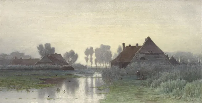 Framed Print : Farmers Homes on the Water in Morning Mist, by Paul Gabriel, c. 1848-1903, Dutch watercolor painting of a rural village with two people in the mid-ground. (BSLOC_2016_1_4)