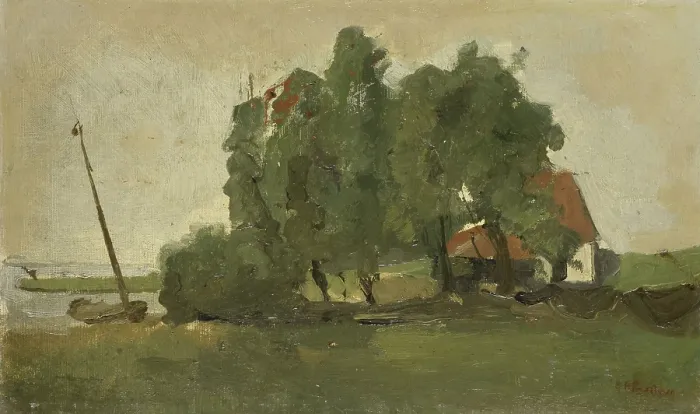 Framed Print : Farmstead, by George Hendrik Breitner, c. 1880-1923, Dutch oil painting. Landscape with farm between trees on waterfront with a misted boat. (BSLOC_2016_1_141) Framed Print : Farmstead, by George Hendrik Breitner, c. 1880-1923, Dutch oil painting. Landscape with farm between trees on waterfront with a misted boat. (BSLOC_2016_1_141)
