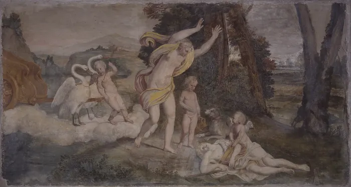 Framed Print : Farnese Garden Loggia, by Domenico Zampieri also known as Domenichino, 1603, 17th Century, fresco - Italy, Lazio, Rome, Farnese Palace. Detail. Adonis death