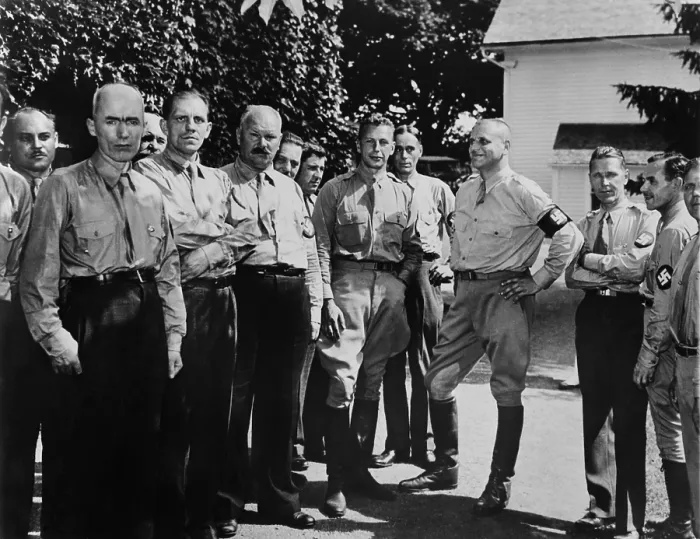 Framed Print : Fascist White Russians meet in Connecticut, 1937. Anastase Vonsiatsky of the Russian National Revolutionary Party (riding breeches, hand on hips) and D. I