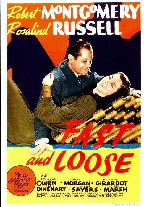 Framed Print : FAST AND LOOSE, from left: Robert Montgomery, Rosalind Russell on midget window card, 1939