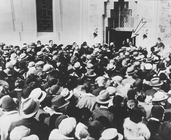 Framed Print : Father Coughlin (arrow) addressing crowd at Shrine of the Little Flower. Royal Oak, Michigan. Ca. Dec. 1933 Framed Print : Father Coughlin (arrow) addressing crowd at Shrine of the Little Flower. Royal Oak, Michigan. Ca. Dec. 1933
