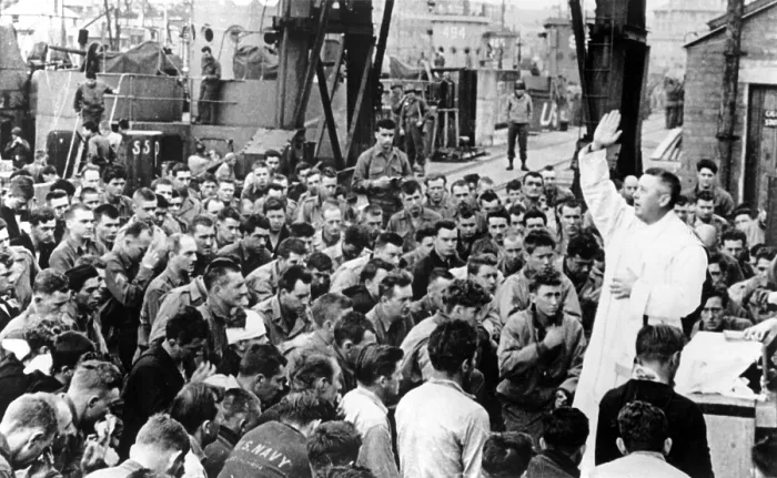 Framed Print : Father Edward Waters (right), conducts dockside services for the 1st Division Assault Troops before they leave for Omaha Beach, Normandy, France, 1944