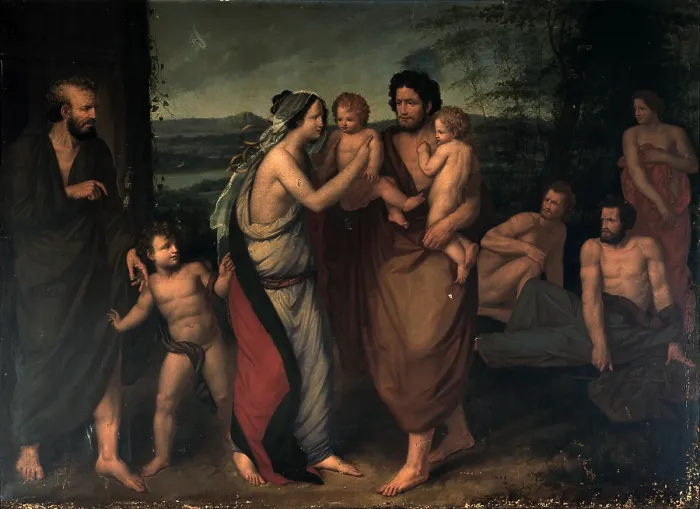 Framed Print : Faustulus Delivers to his wife Acca Larentia Romulus and Remus, by Felice Cattaneo, 1819 - 1820, 19th Century, oil on canvas, 163 x 223 cm - Italy, Lombardy, Milan