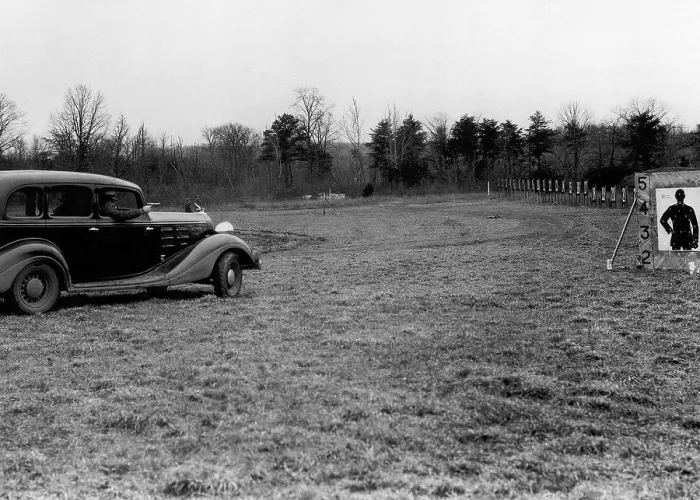 Framed Print : FBI agents honed their gun skills by target practice from speeding cars in order to keep up with the motorized Depression era bandits infesting the Mid-West. Ca. 1935 Framed Print : FBI agents honed their gun skills by target practice from speeding cars in order to keep up with the motorized Depression era bandits infesting the Mid-West. Ca. 1935