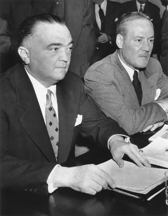 Framed Print : FBI Director J. Edgar Hoover and Assoc. Dir. Clyde Tolson testify at Joint Committee of Congress. Ca. 1947- 1953. (BSLOC_2014_7_88)