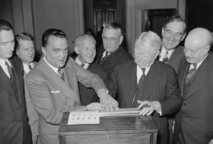 Framed Print : FBI Director J. Edgar Hoover fingerprinting Vice President John Nance Garner in 1939. (BSLOC_2013_8_159)