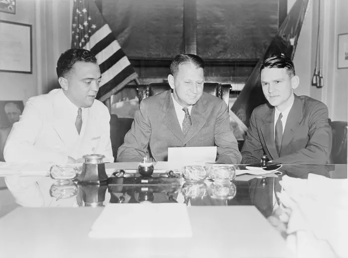 Framed Print : FBI Director J. Edgar Hoover and William Stanley, in a Justice Department meeting with Melvin H. Purvis, head of the Chicago FBI office