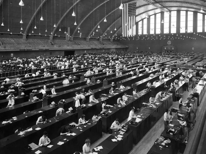 Framed Print : FBI forensic science built a fingerprint archive larger than a football field at the Washington D.C. area Federal Armory. Ca. 1944