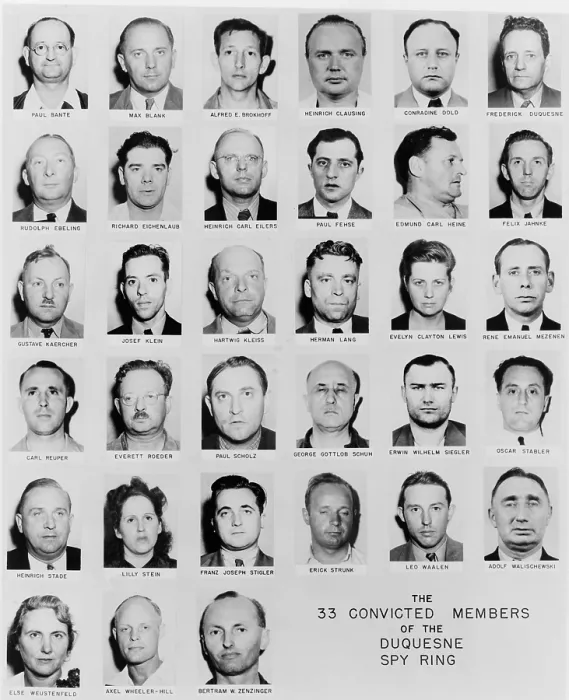 Framed Print : FBI Mug shots of thirty-three convicted spies of a pre-World War II German espionage network organized anti-British adventurer Frederick Duquesne