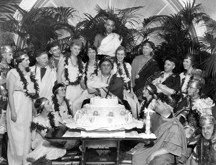 Framed Print : FDR celebrating his 52nd birthday at a toga party. Jan. 30, 1934