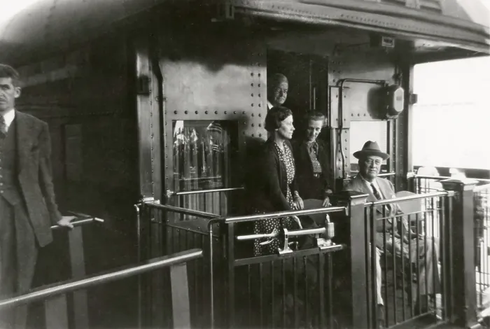 Framed Print : FDR and party aboard the rear platform of the President's special train. April 1943 Framed Print : FDR and party aboard the rear platform of the President's special train. April 1943