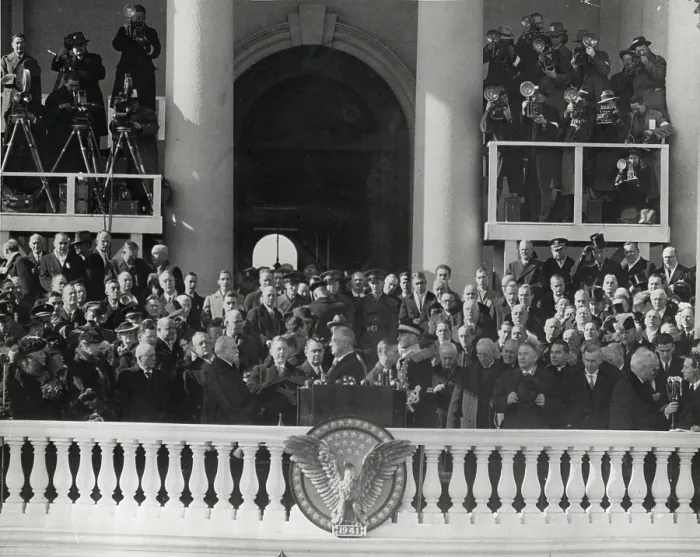 Framed Print : FDR takes the Oath of Office from Chief Justice Charles Evan Hughes. Jan. 20, 1941. It was the third of FDR's four inaugurations. (BSLOC_2013_5_156) Framed Print : FDR takes the Oath of Office from Chief Justice Charles Evan Hughes. Jan. 20, 1941. It was the third of FDR's four inaugurations. (BSLOC_2013_5_156)