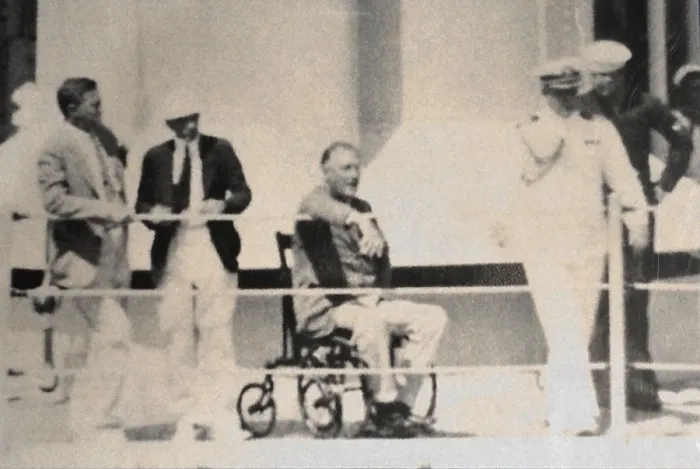 Framed Print : FDR in wheelchair aboard USS Indianapolis 1933 in photo by crewman Gerhard Stoeckel, Sr. On far left are Gus Gennerich and Louie Howe Framed Print : FDR in wheelchair aboard USS Indianapolis 1933 in photo by crewman Gerhard Stoeckel, Sr. On far left are Gus Gennerich and Louie Howe