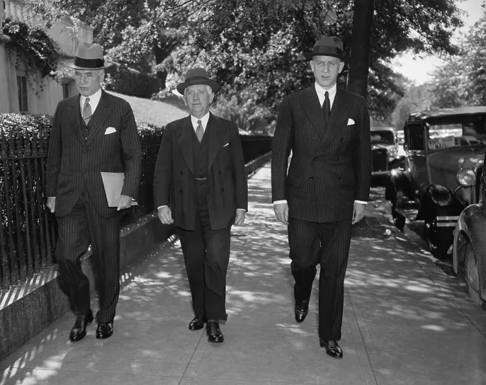 Framed Print : FDR's foreign relations advisors after a White House meeting. Oct. 8, 1937. L-R: Sec. of State Cordell Hull; Norman H