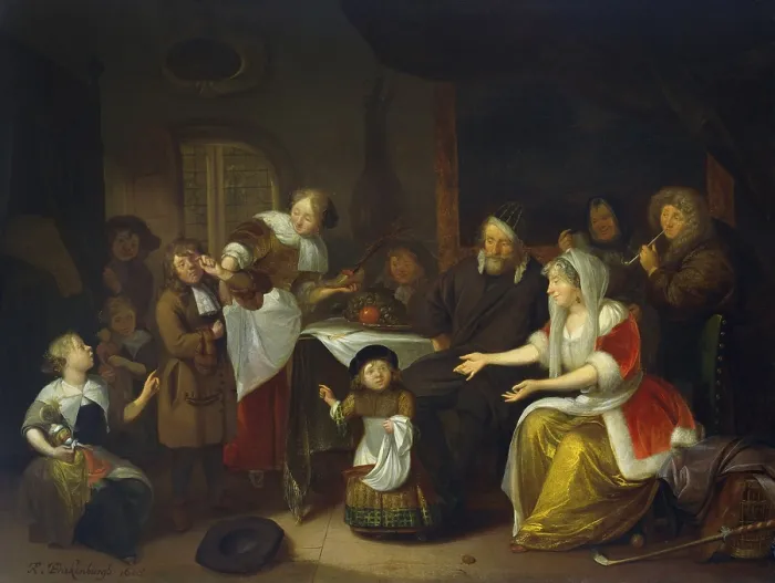 Framed Print : The Feast of St. Nicholas, by Richard Brakenburg, 1685, Dutch painting, oil on canvas. Interior in which a family with children celebrating Christmas