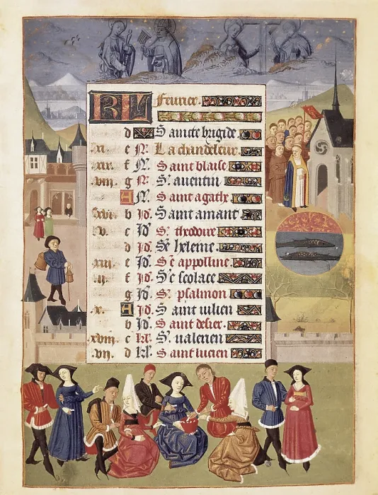 Framed Print : February. Procession and games. Gothic art. Miniature Painting. FRANCE. Chantilly. Musee Conde (Conde Museum). - BeBa / Iberfoto / Everett Collection (529985)**US SALES ONLY**