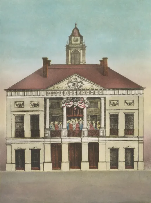 Framed Print : Federal Hall, New York, New York, with a group on the balcony representing George Washington's 1789