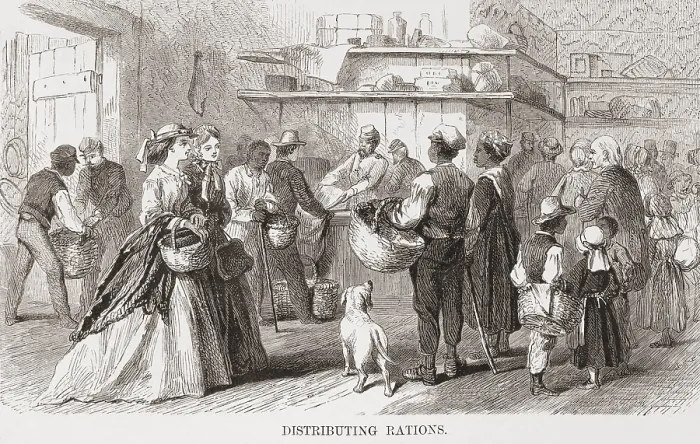 Framed Print : US Federal soldiers distribute food to black and white southerners in need after the US Civil War Framed Print : US Federal soldiers distribute food to black and white southerners in need after the US Civil War