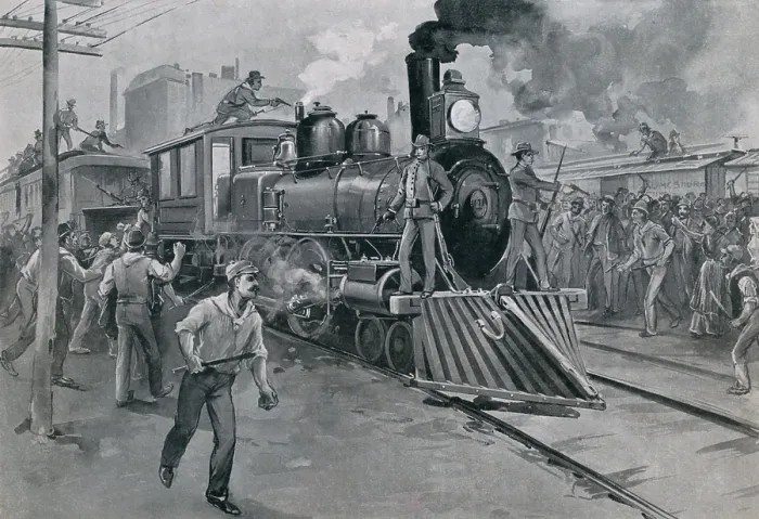 Framed Print : Federal troops guard a train against strikers during the Pullman Strike. July 1894