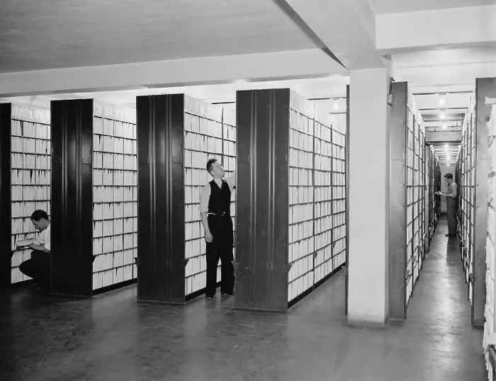 Framed Print : Federal workers in the patent office file room, where patents are kept on file for public use. Feb. 29, 1940. (BSLOC_2013_8_177) Framed Print : Federal workers in the patent office file room, where patents are kept on file for public use. Feb. 29, 1940. (BSLOC_2013_8_177)