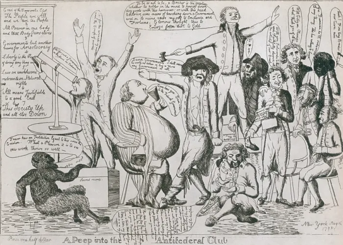 Framed Print : Federalist cartoon of 1793 shows Republicans as a mob of violent anarchists consorting with the devil. Jefferson is speaking from a bench Framed Print : Federalist cartoon of 1793 shows Republicans as a mob of violent anarchists consorting with the devil. Jefferson is speaking from a bench