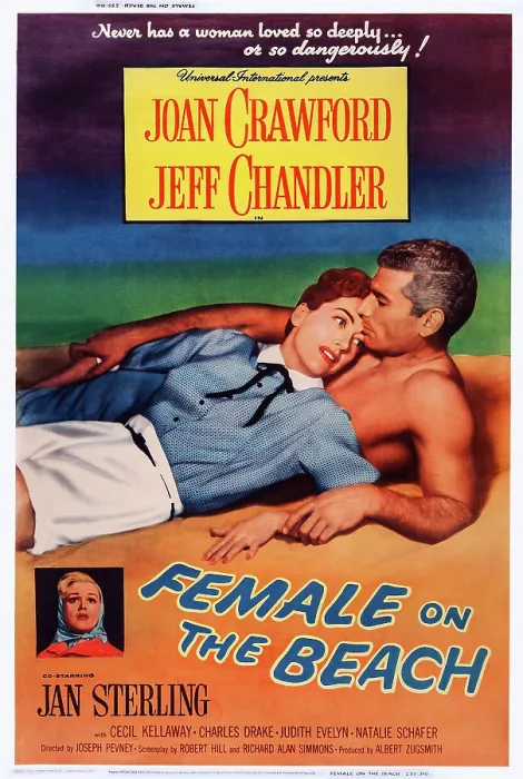 Framed Print : FEMALE ON THE BEACH, US poster art: from left: Joan Crawford, Jeff Chandler: left insert: Jan Sterling, 1955