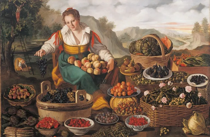 Framed Print : The Female Greengrocer, by Vincenzo Campi, 1580 about, 16th Century, oil on canvas, cm 143 x 213 - Italy, Lombardy, Milan, Brera Art Gallery. All