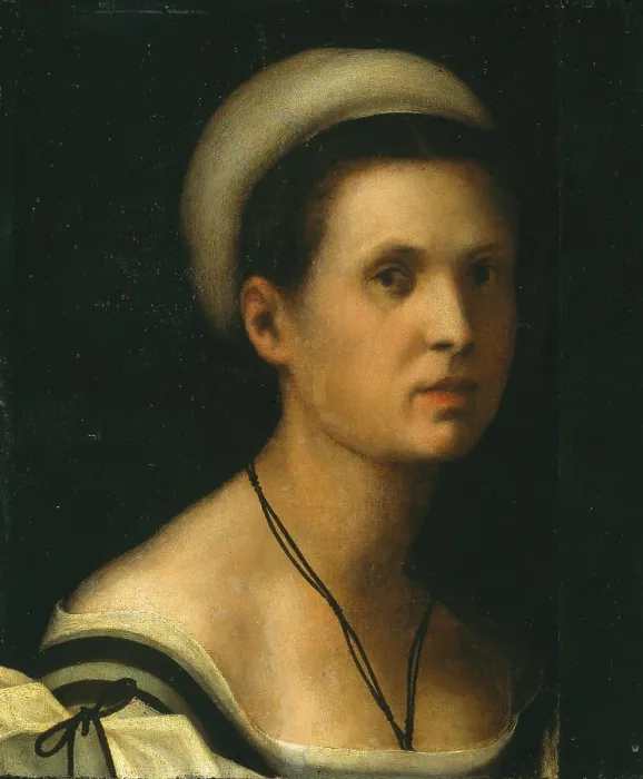Framed Print : Female portrait, by Carrucci Jacopo know as Pontormo, 16th Century, 1510 -1520, oil on panel, cm 41 x 33 - Italy, Tuscany, Florence, Palazzo Pitti, Palatine Gallery