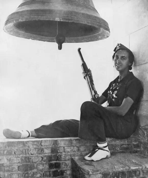 Framed Print : Female soldier on watch in the bell tower of a church in a village in the Aragon region. It is not known for which side this woman fought. Spanish Civil War, 1936-1939