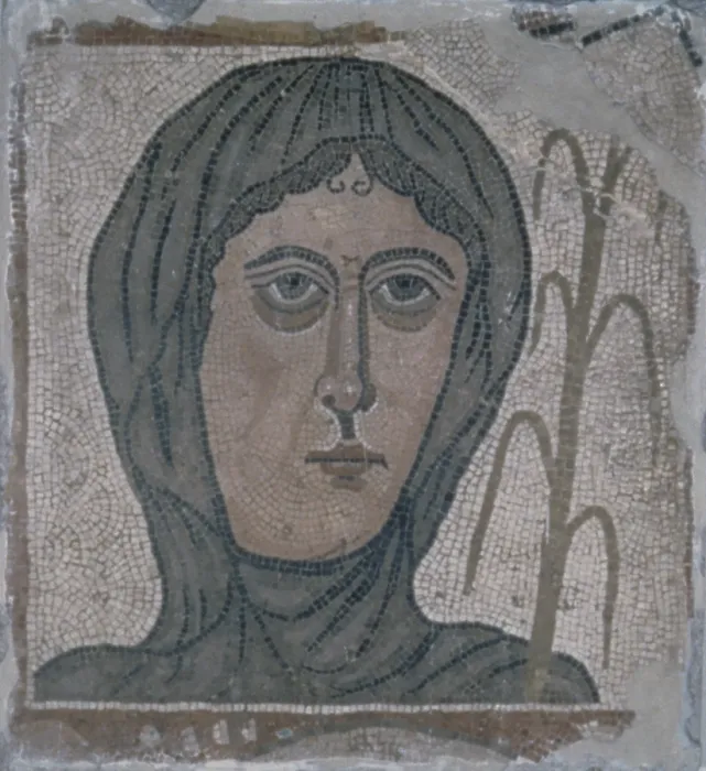 Framed Print : Feminine Bust, 350 - 399, 4th Century, mosaic - Spain, Madrin, National Archeological Museum. Whole artwork view