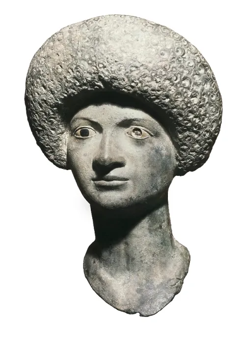 Framed Print : Feminine head in bronze (1st c. AD). Roman art. Sculpture on bronze. SPAIN. Barcelona. Archaeology Museum of Catalonia. Proc: SPAIN. L'Escala. Empries
