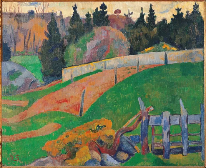 Framed Print : The Fence, by Paul Srusier, 1890, 19th Century, oil on canvas, cm 50, 5 x 62 - France, Ile de France, Paris, Muse dOrsay. All. Fence tree plants flowers blue green brown orange