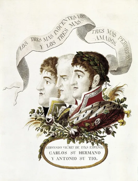 Framed Print : Fernado VII (right)his brother Carlos Mara Isidro (left) and his uncle Antonio Pascual de Borbn y Sajonia. Engraving. SPAIN. Madrid. Museo de Historia