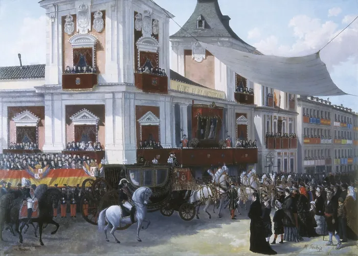 Framed Print : FERNANDEZ SANAHUJA, Manuel (1835-1884). The Royal Carriage before the City Hall