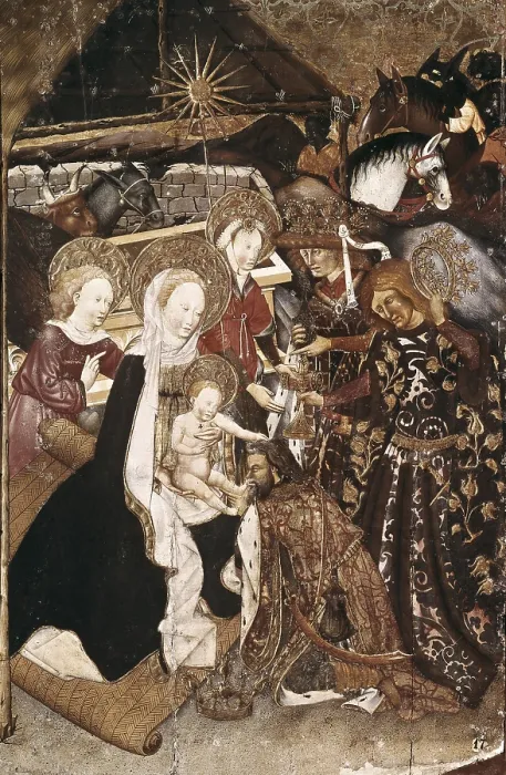 Framed Print : FERRER II, Jaume (15th century). Altarpiece from Verd. 1432-1434. Panel of the Adoration of the Magi. Gothic art. Tempera on wood. SPAIN. Vic. Vic Episcopal Museum. Proc: SPAIN