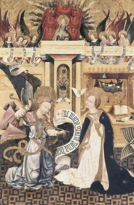 Framed Print : FERRER II, Jaume (15th century). Altarpiece from Verd. 1432-1434. Altarpiece compartment with the Annunciation. Gothic art. Tempera on wood. SPAIN. Vic. Vic Episcopal Museum Framed Print : FERRER II, Jaume (15th century). Altarpiece from Verd. 1432-1434. Altarpiece compartment with the Annunciation. Gothic art. Tempera on wood. SPAIN. Vic. Vic Episcopal Museum