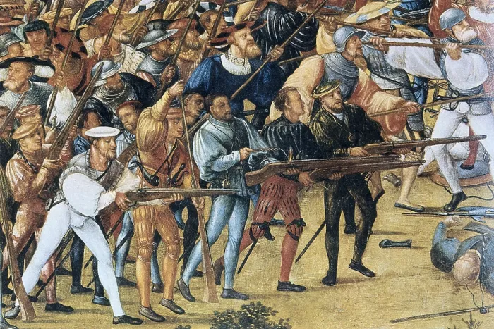 Framed Print : FESELEN, Melchior (1495-1538). The Siege of Alesia. 1533. Central lower detail: several harquebusiers charging and shooting